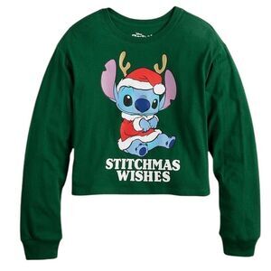 Disney Stitch Graphic T-Shirt Top Christmas Stitchmas Wishes Green L 10 12 NWT